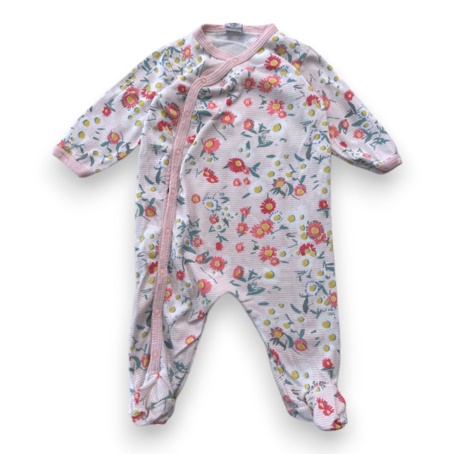 PETIT BATEAU - Pyjama blanc et rose à rayures à fleurs - 6 mois