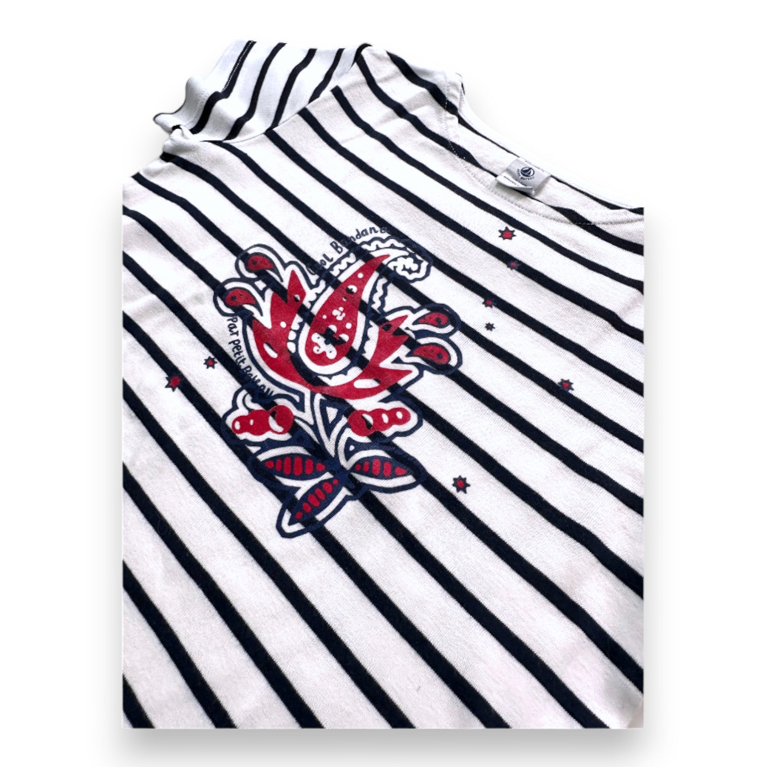 PETIT BATEAU - T-shirt blanc et bleu à rayures avec imprimé - 8 ans