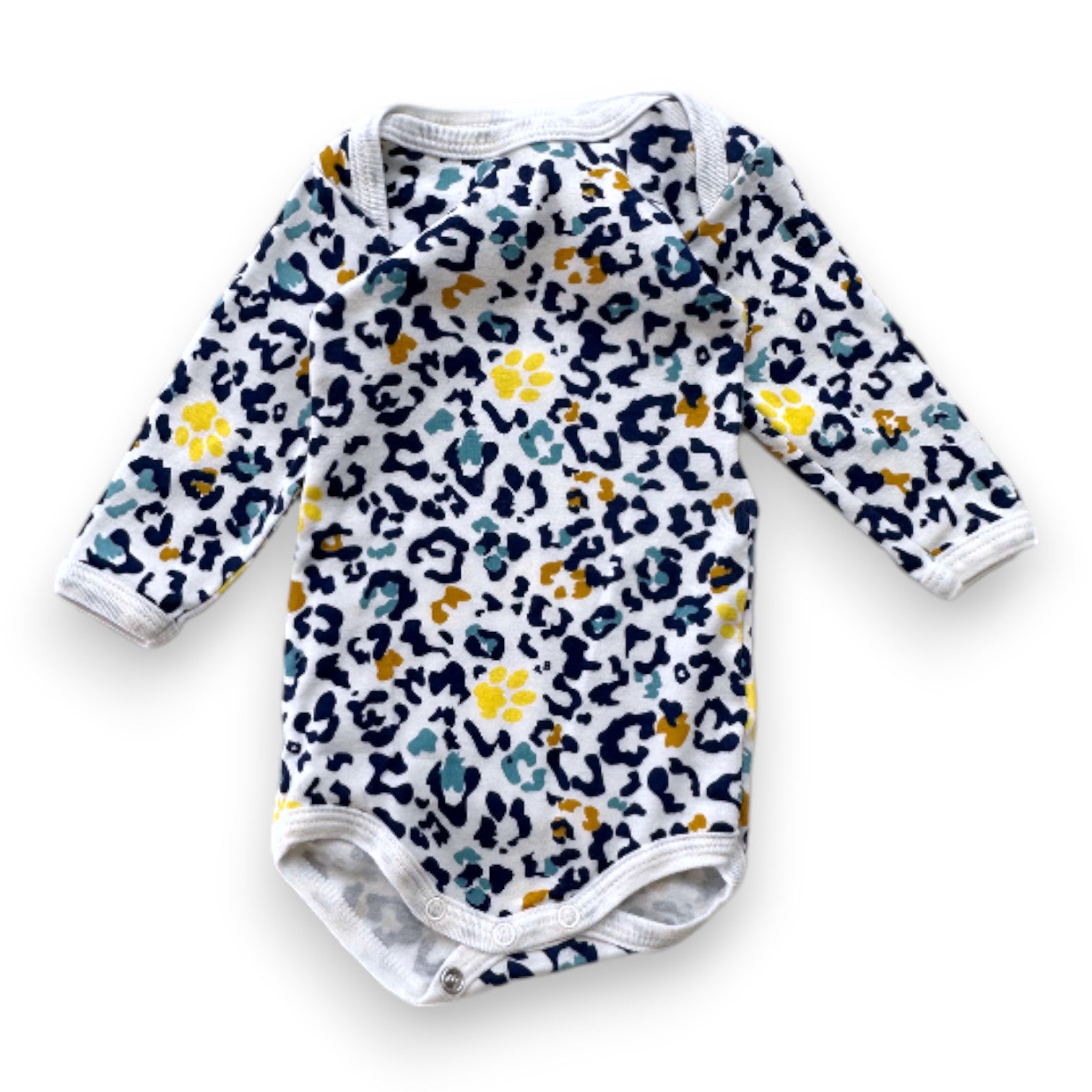 PETIT BATEAU - Weißer Body mit blauem und gelbem Leopardenmuster und langen Ärmeln - 3 Monate