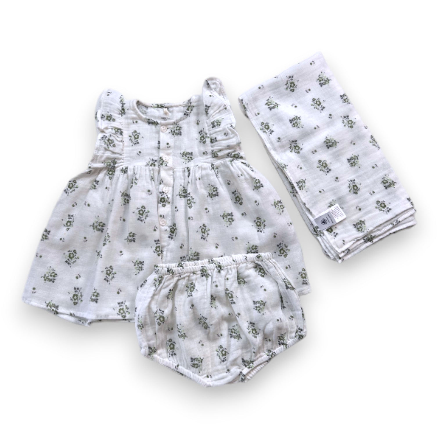 PETIT BATEAU - Weißes Kleid mit grünen Blumen, Pumphose und Wickelset - 6 Monate