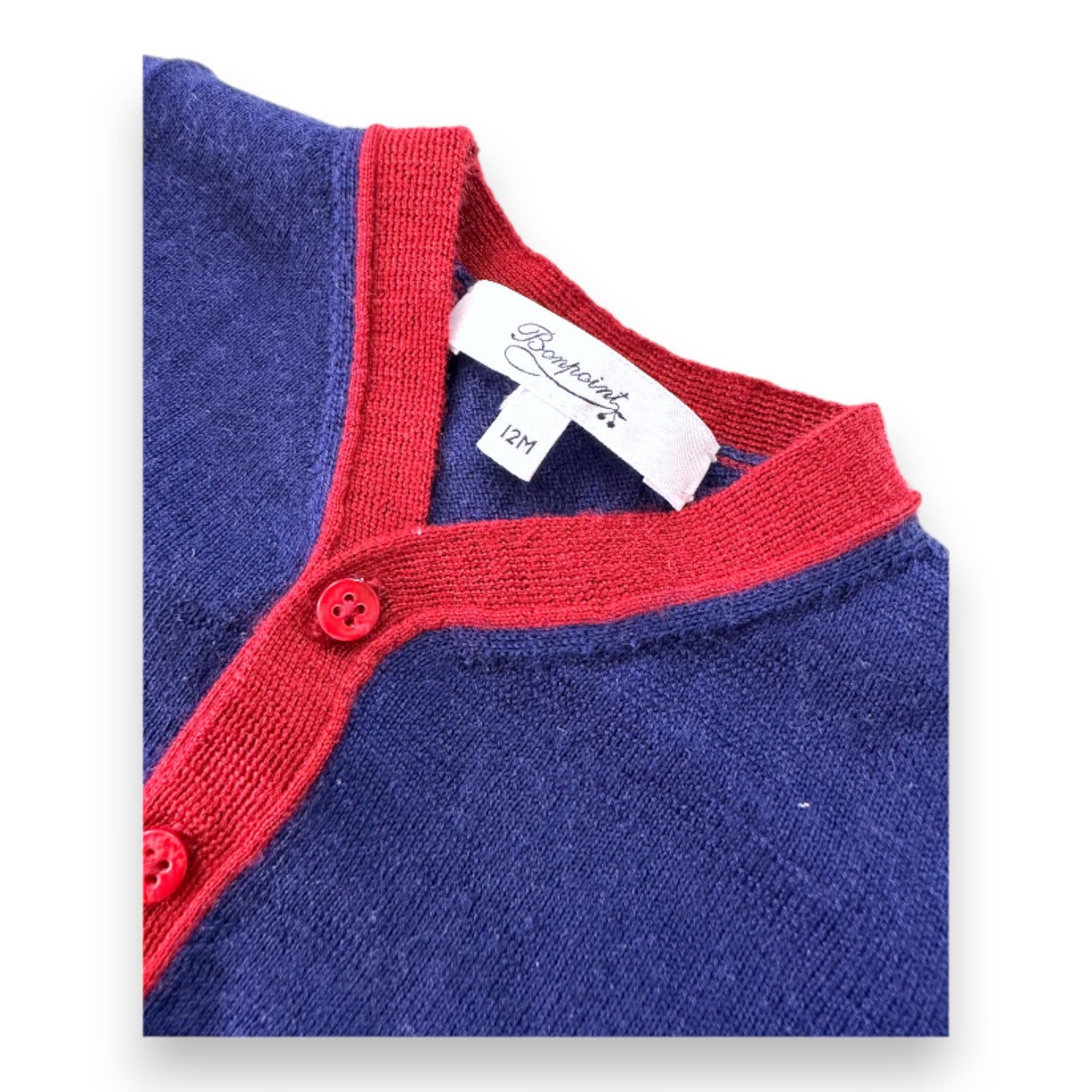 BONPOINT - Marineblaue und rote Wollstrickjacke - 12 Monate