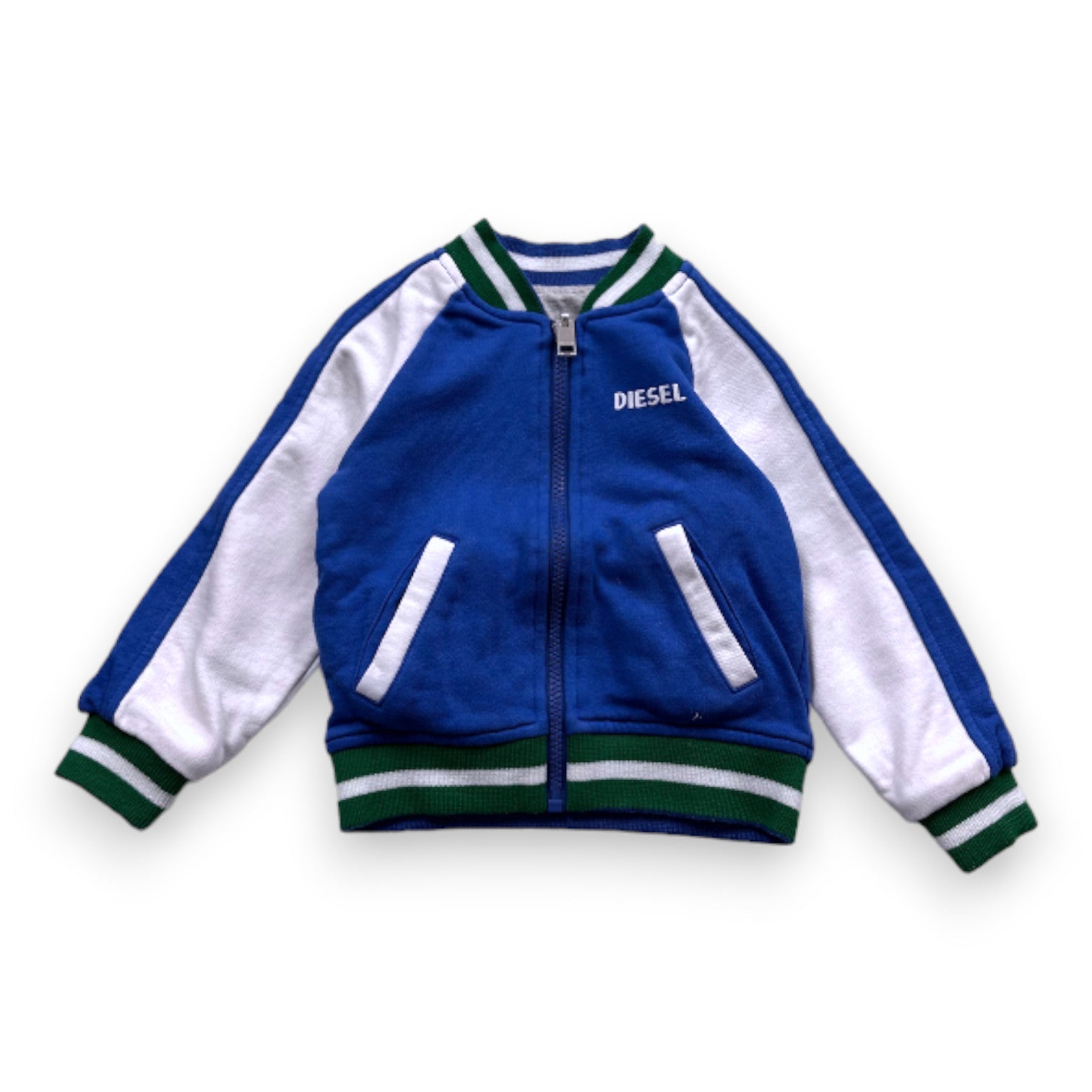 DIESEL - Reversible blue, white and green teddy jacket with print on the back - 18 months