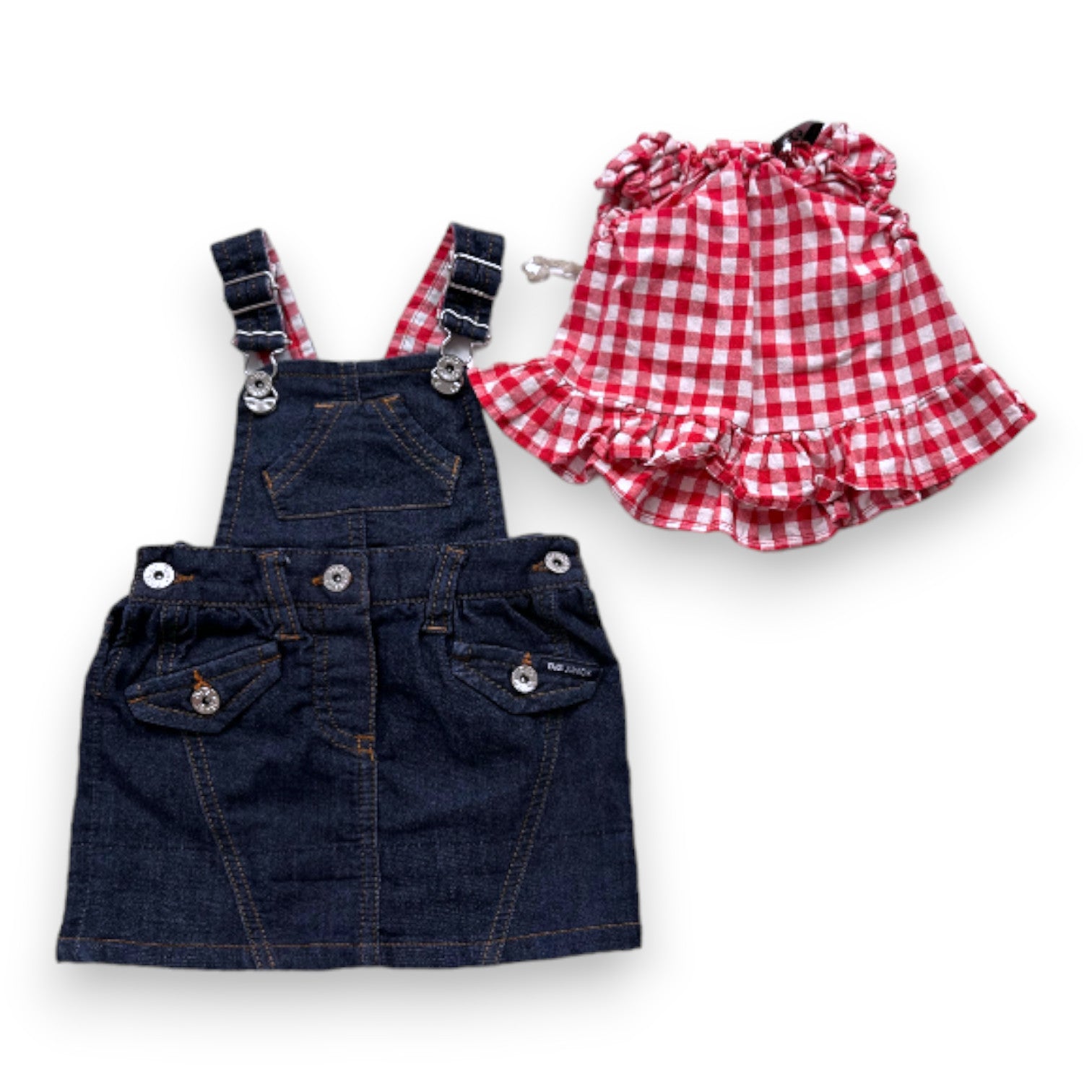 DOLCE &amp; GABBANA – Set aus T-Shirt mit Vichy-Karomuster und Latzrock aus blauem Denim – 3 Monate