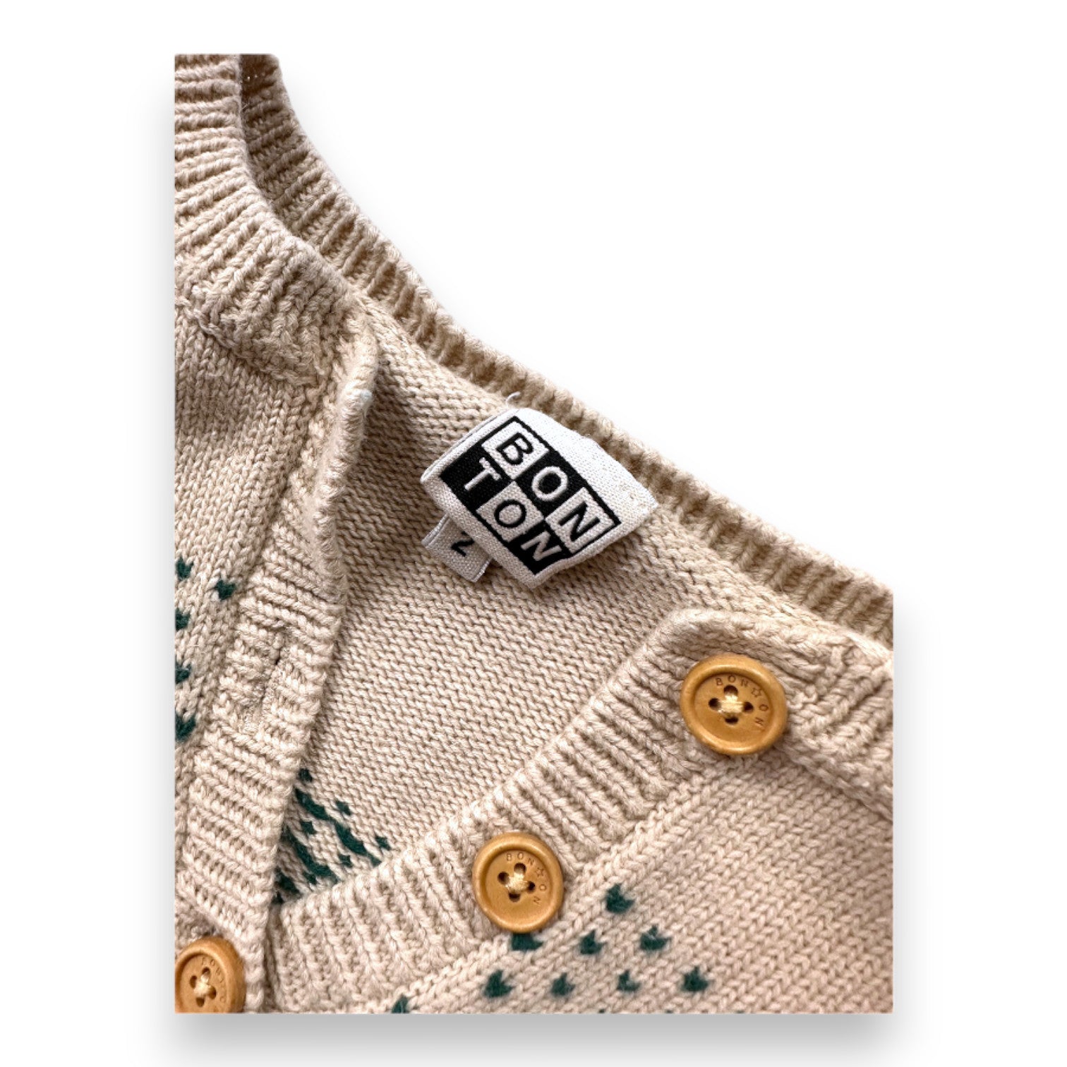 BONTON - Beiger Pullover mit grünen Mustern - 2 Jahre