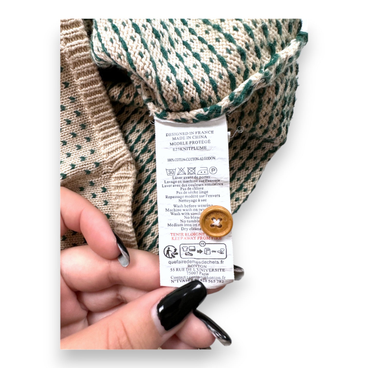 BONTON - Beiger Pullover mit grünen Mustern - 2 Jahre