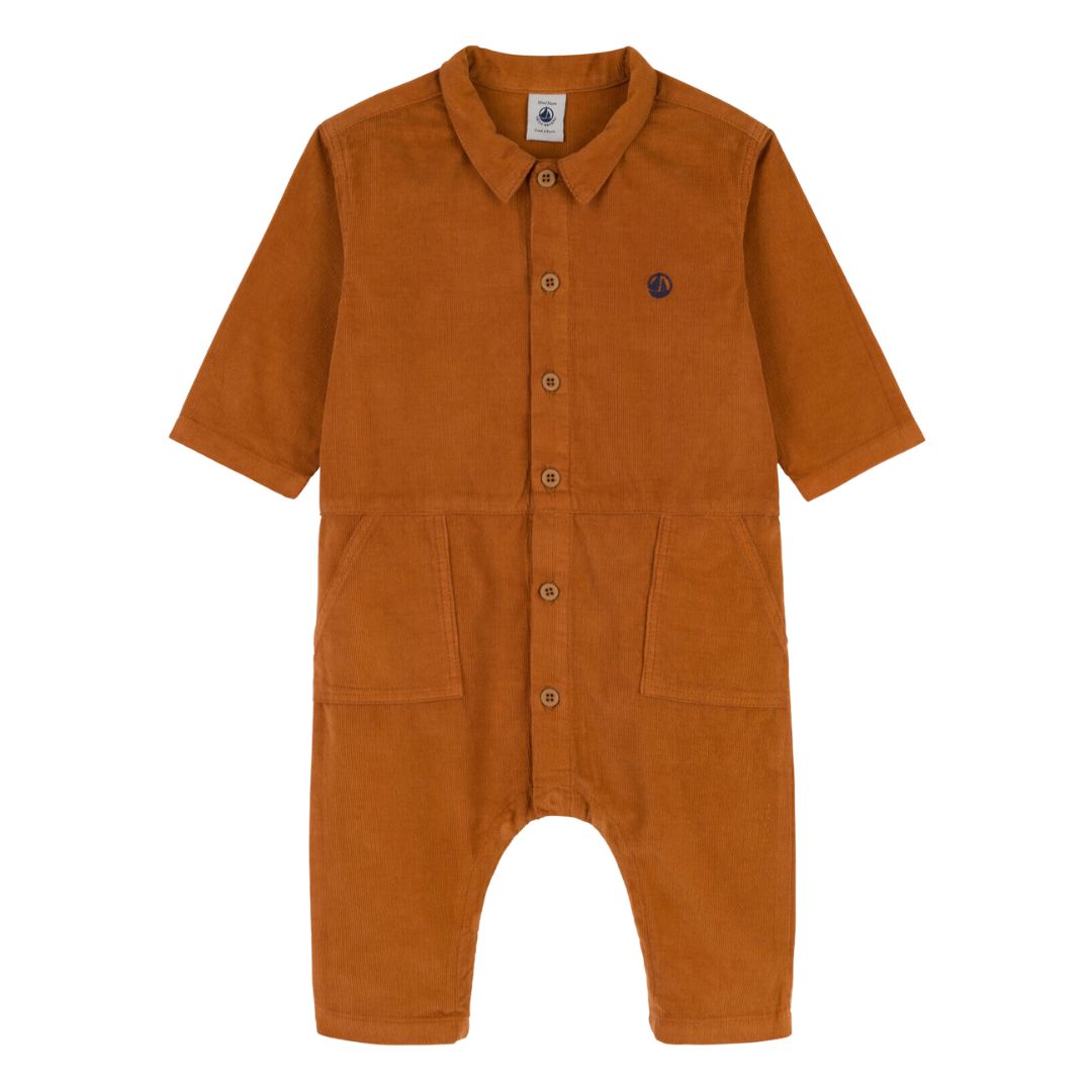 PETIT BATEAU - Combinaison bébé longue en velours fin orange rouille - 12 mois