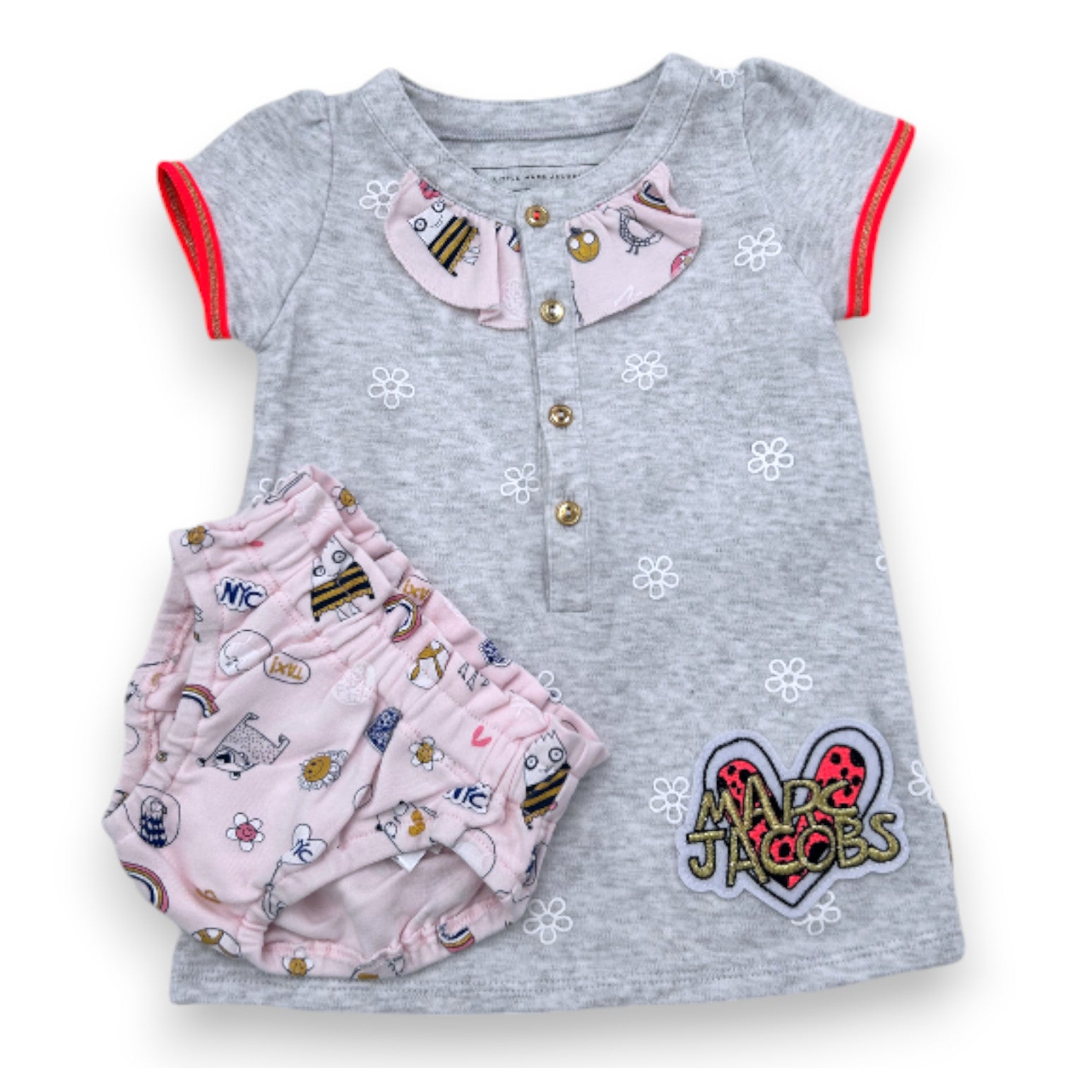 LITTLE MARC JACOBS - Graues Kleid und rosa Pumphose-Set mit Prints - 3 Monate