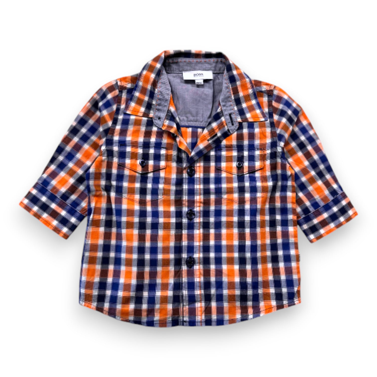 HUGO BOSS - Chemise bleue et orange à carreaux - 6 mois