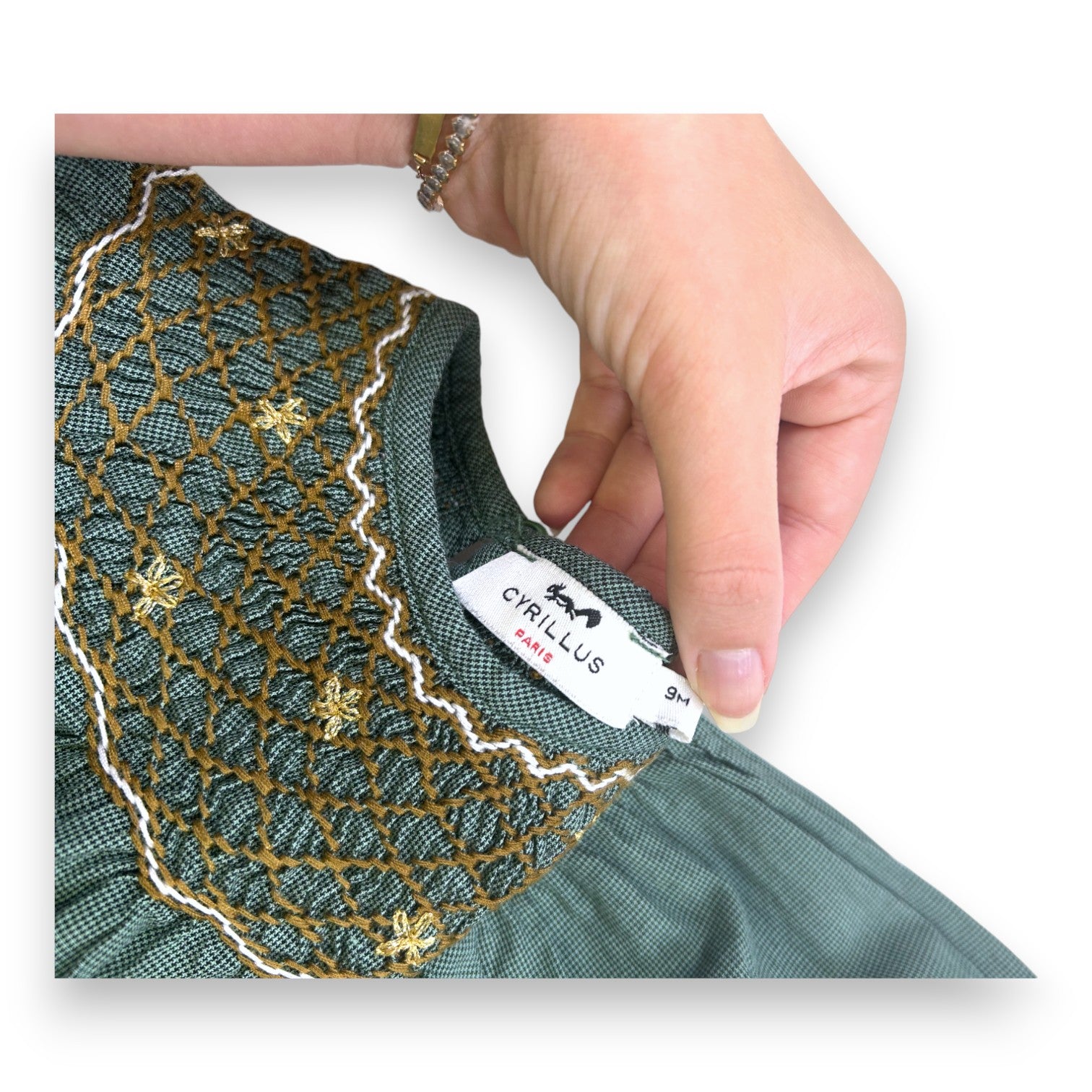 CYRILLUS - Green blouse with long sleeves and embroidered collar - 9 months