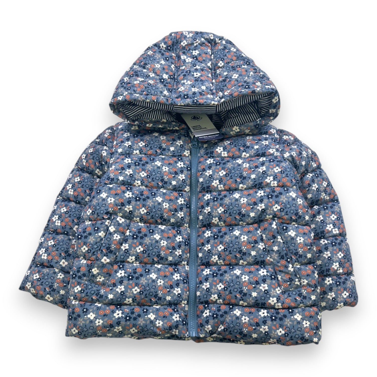 PETIT BATEAU - New blue floral down jacket - 2 years