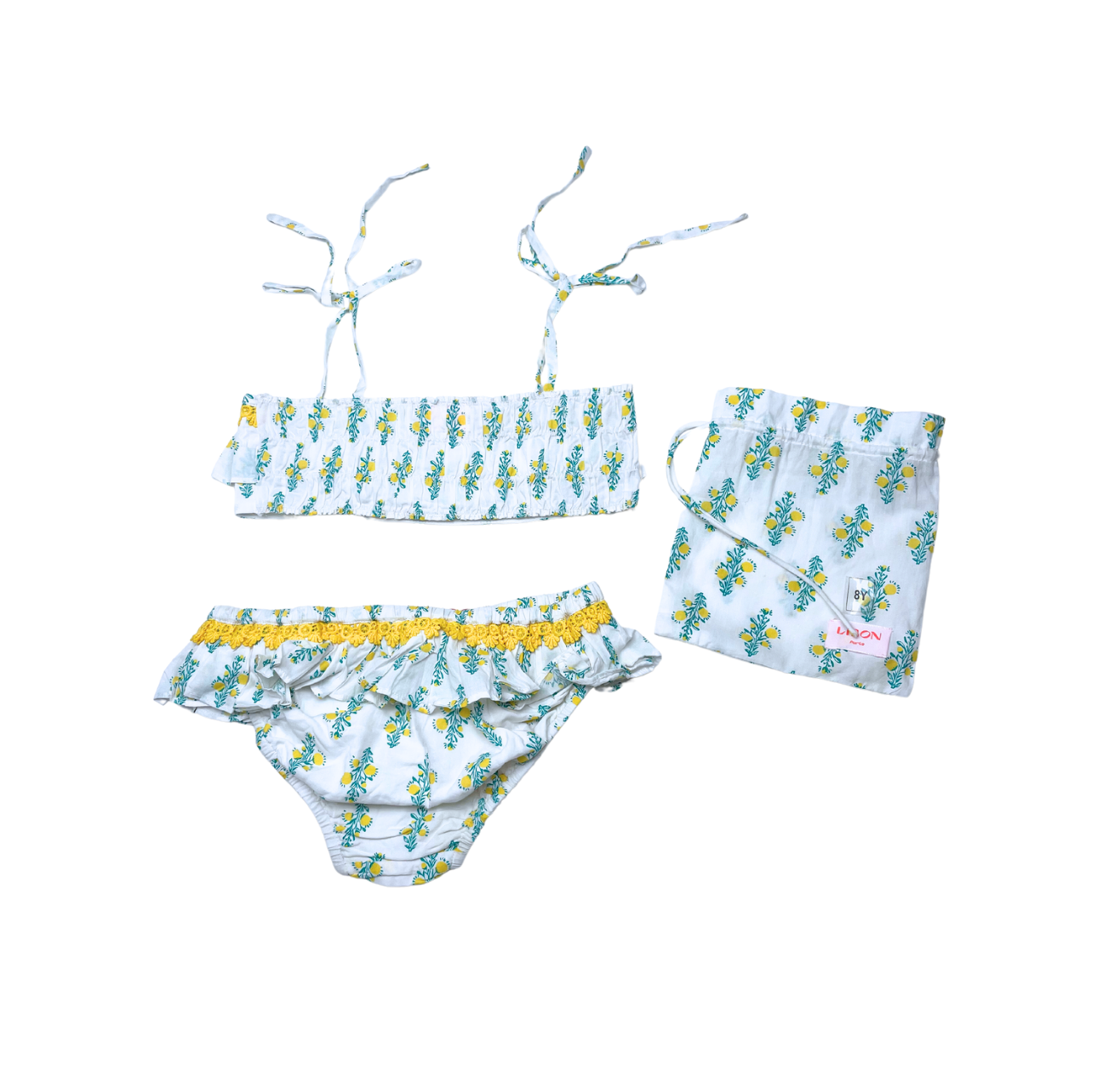 LISON PARIS - Maillot de bain bikini blanc avec fleurs jaunes - 10 ans