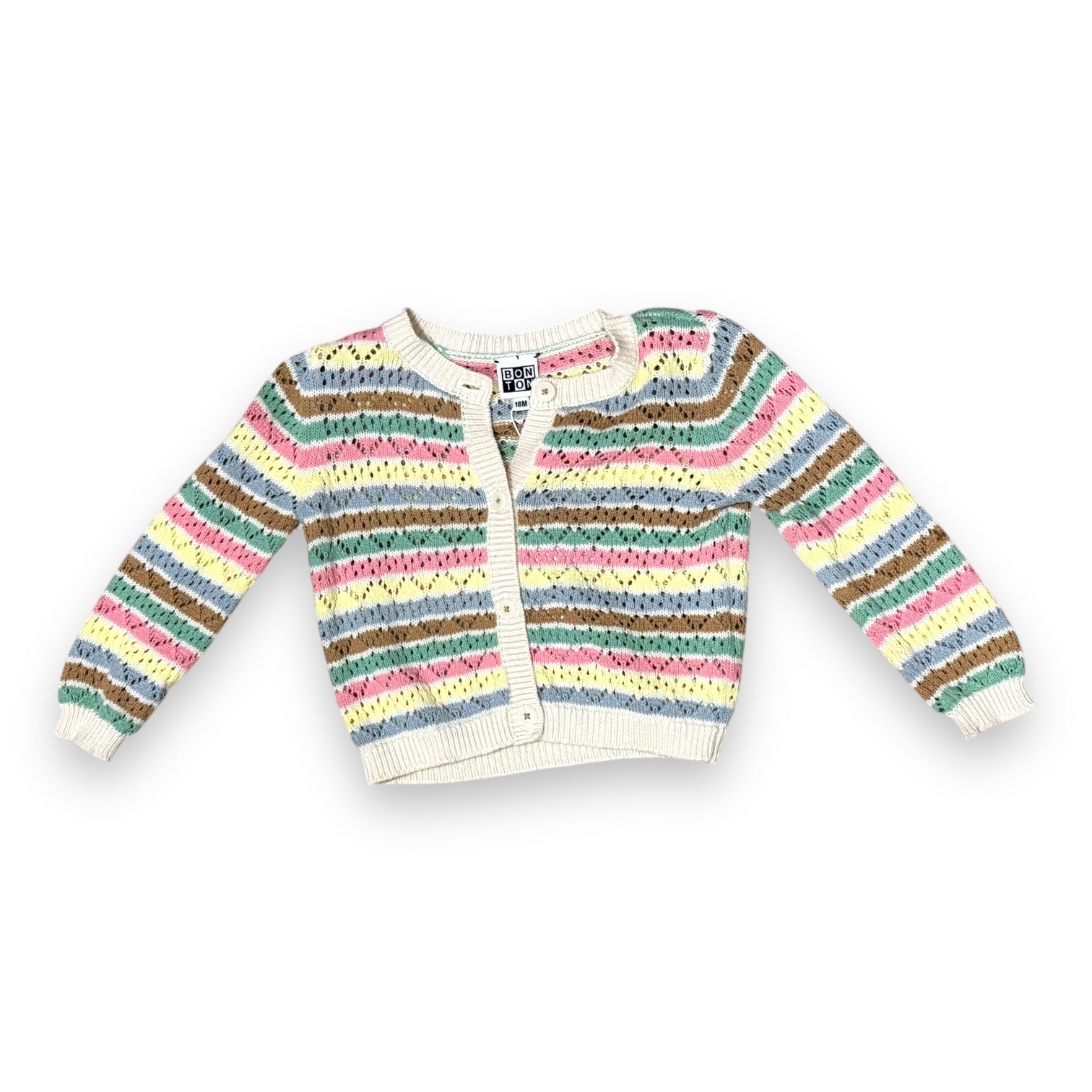 BONTON - Gelb, rosa, grün und blau gestreifte Strickjacke - 18 Monate