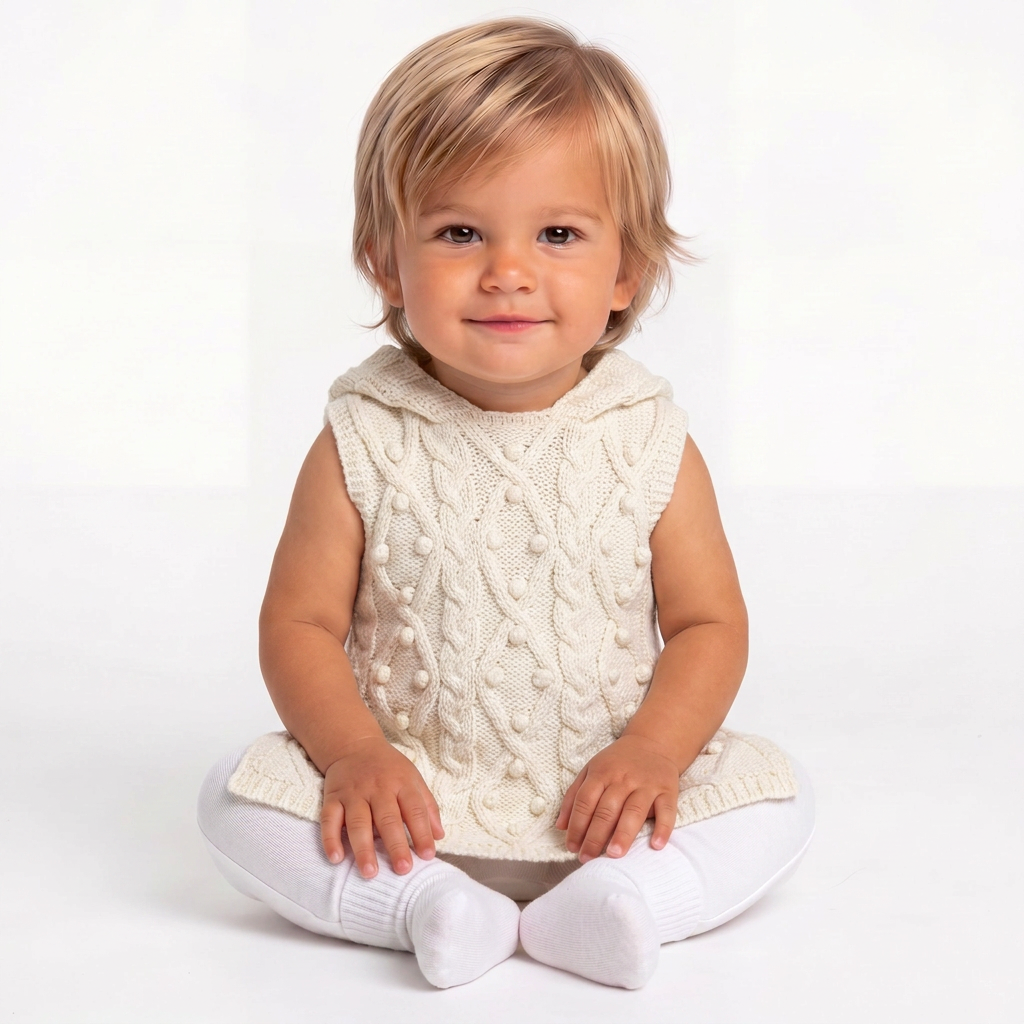 LILI GAUFRETTE - Robe à chaperon en laine couleur crème - 3 mois