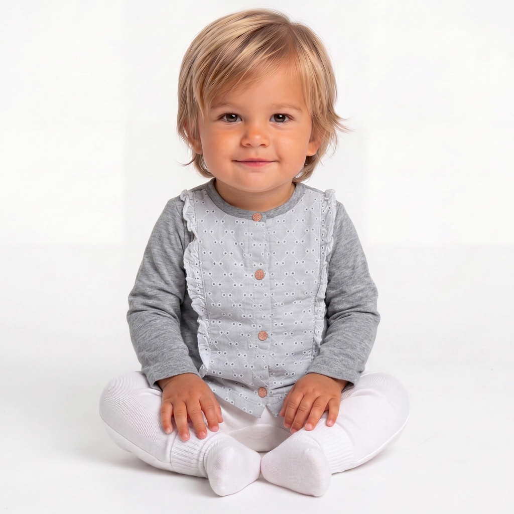 CARREMENT BEAU - Graues Langarm-T-Shirt mit weißer Spitze - 6 Monate