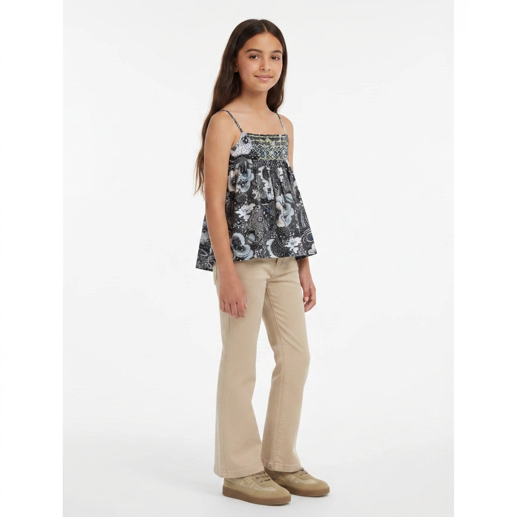 BONPOINT - Blouse neuve bleu avec imprimés et broderies - 12 ans