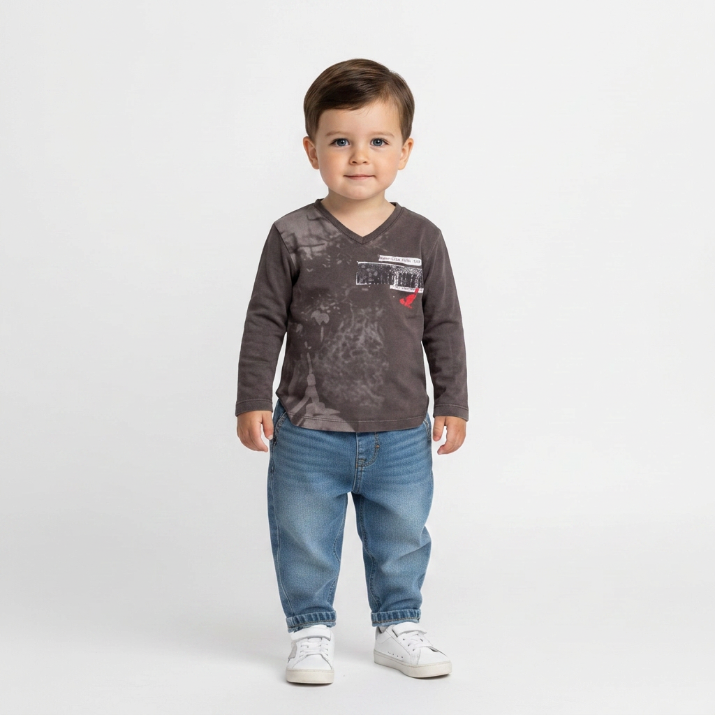 IKKS - T-shirt gris à manches longues avec imprimé - 3 ans