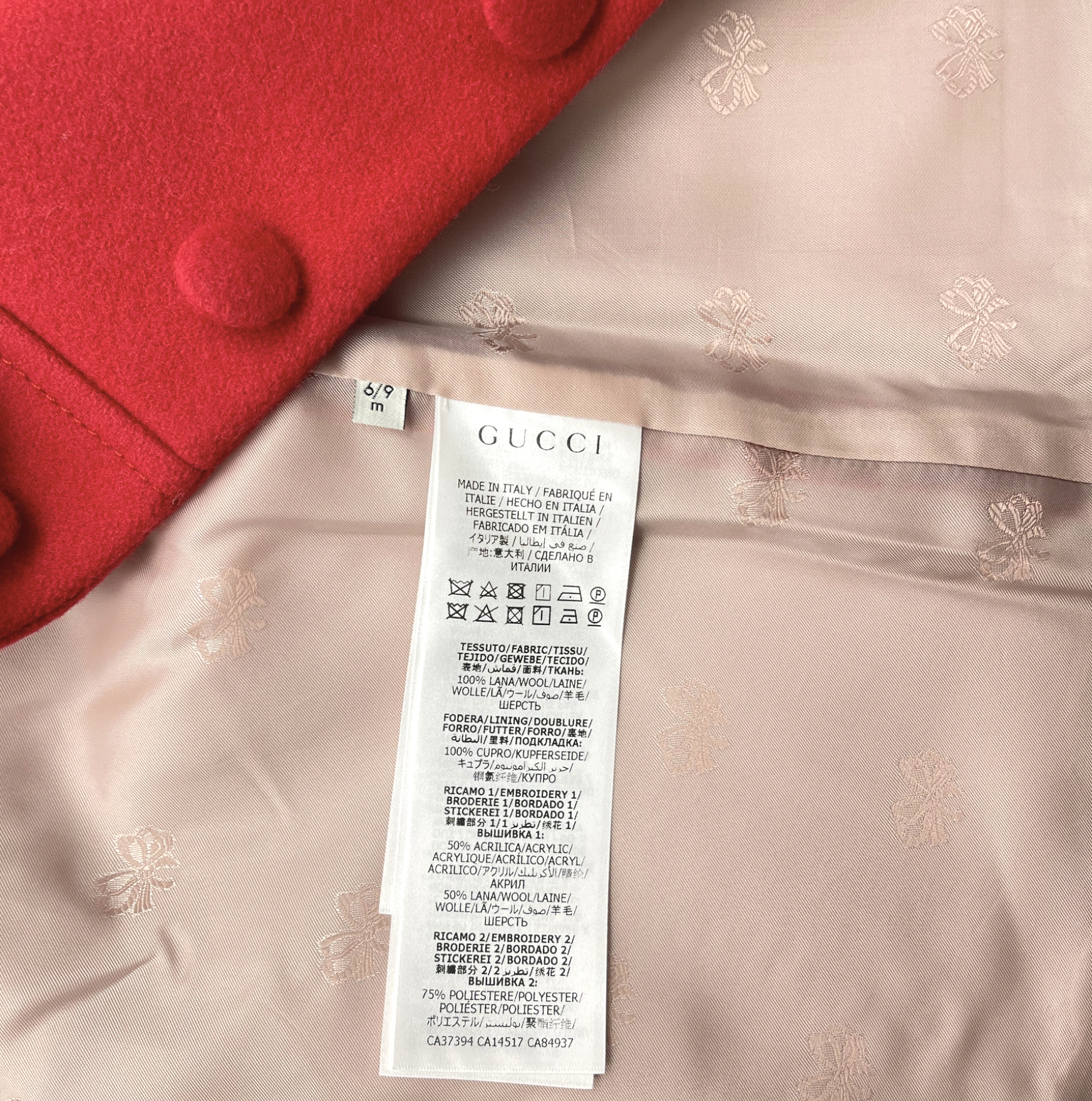 GUCCI - Manteau en laine rouge "grappes" - 6/9 mois